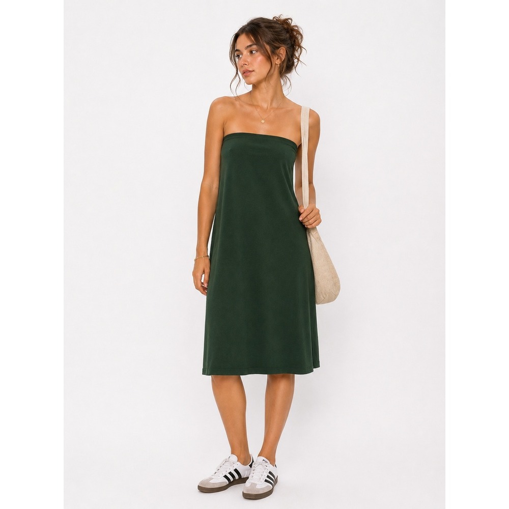 OGL Midi Strapless Dress Womens Large Green Ruched Stretch Casual Comfort Earthy